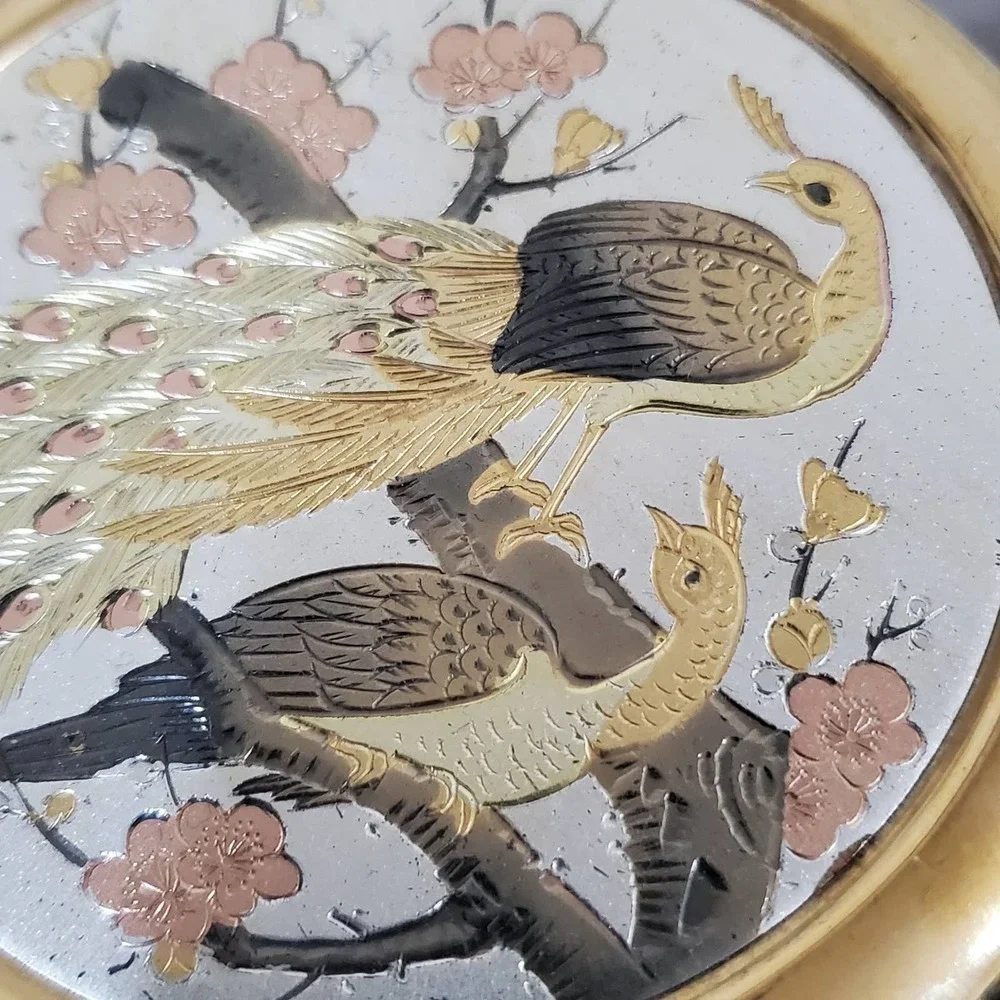 Vintage Chokin Art Peacock Engraved and Gilded in Gold Trinket Dish From Japan